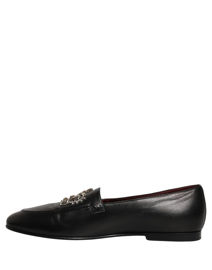 Dolce &amp; Gabbana Black Leather Crown Embellished Loafers Shoes