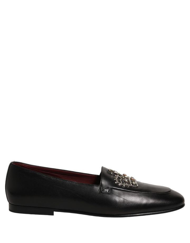 Dolce &amp; Gabbana Black Leather Crown Embellished Loafers Shoes