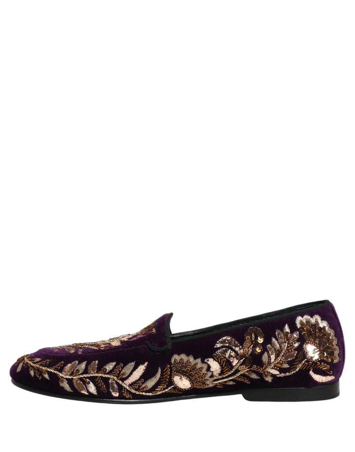 Dolce &amp; Gabbana Violet Velvet Floral Embroidery Loafers Shoes