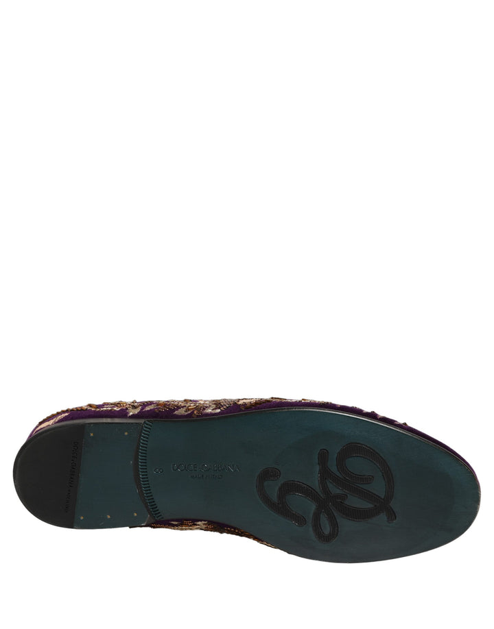 Dolce &amp; Gabbana Violet Velvet Floral Embroidery Loafers Shoes