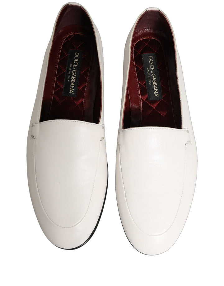 Dolce &amp; Gabbana White Leather Logo Slip On Men Loafers Shoes