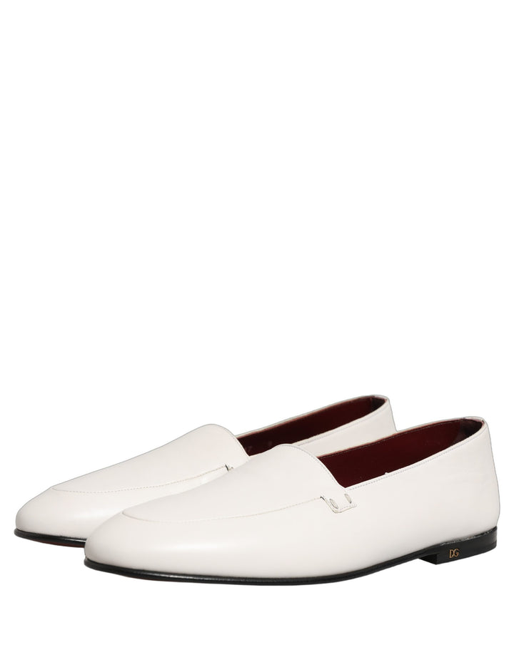 Dolce &amp; Gabbana White Leather Logo Slip On Men Loafers Shoes