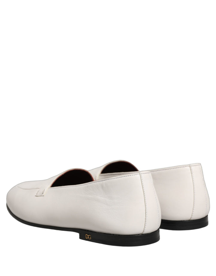 Dolce &amp; Gabbana White Leather Logo Slip On Men Loafers Shoes