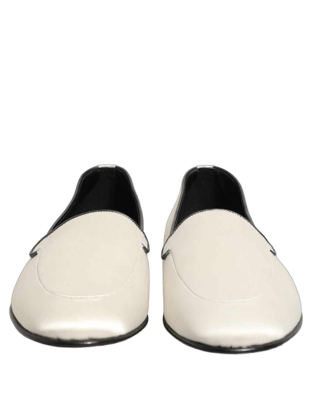 Dolce &amp; Gabbana White Satin Logo Slip On Flats Loafers Shoes