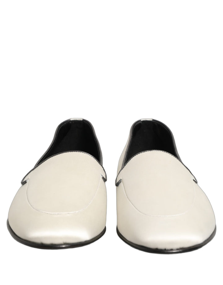 Dolce &amp; Gabbana White Satin Logo Slip On Flats Loafers Shoes