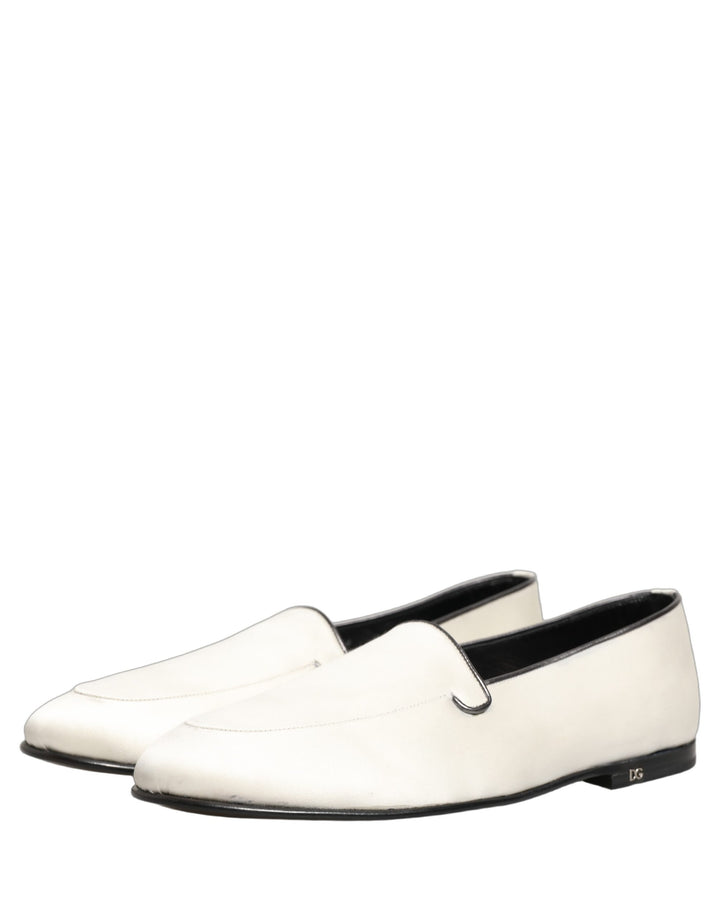 Dolce &amp; Gabbana White Satin Logo Slip On Flats Loafers Shoes