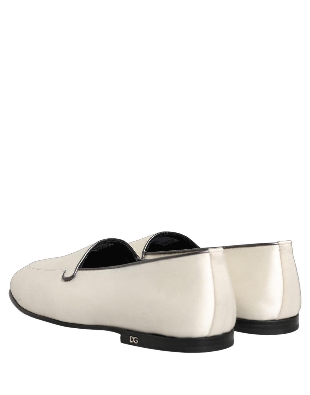 Dolce &amp; Gabbana White Satin Logo Slip On Flats Loafers Shoes