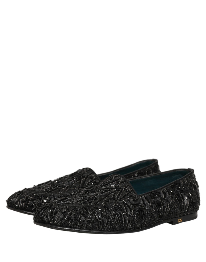 Dolce &amp; Gabbana Black Velvet Embroidered Dress Loafers Shoes