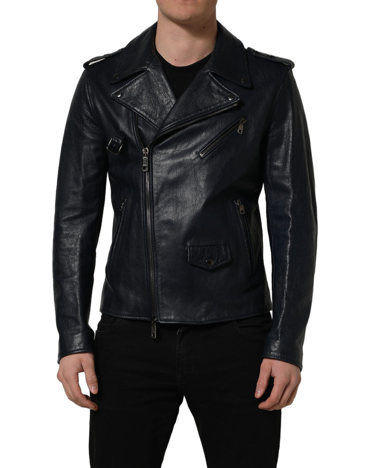 Dolce &amp; Gabbana Black Leather Men Biker Coat Goatskin Jacket