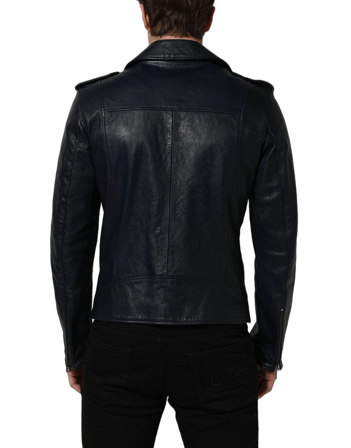 Dolce &amp; Gabbana Black Leather Men Biker Coat Goatskin Jacket