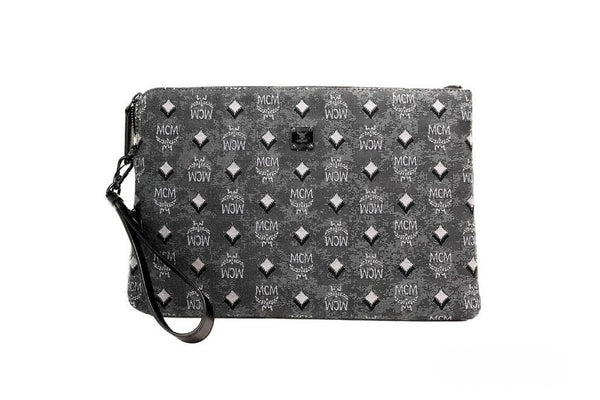MCM - Veritas Medium Dark Grey Denim Monogram Logo Canvas Clutch Pouch Handbag