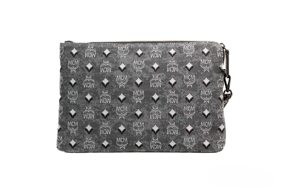 MCM - Veritas Medium Dark Grey Denim Monogram Logo Canvas Clutch Pouch Handbag