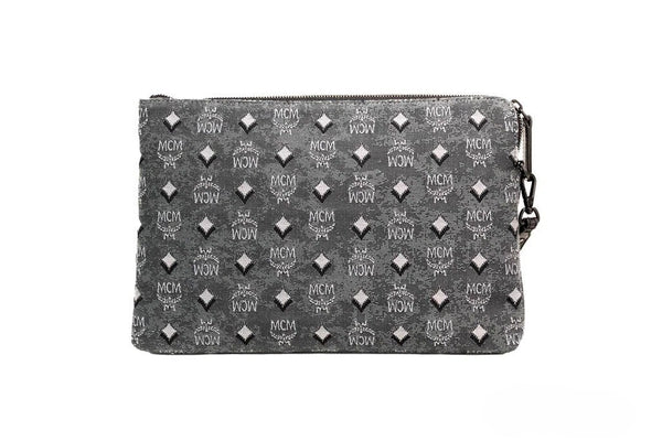 MCM - Veritas Medium Dark Grey Denim Monogram Logo Canvas Clutch Pouch Handbag