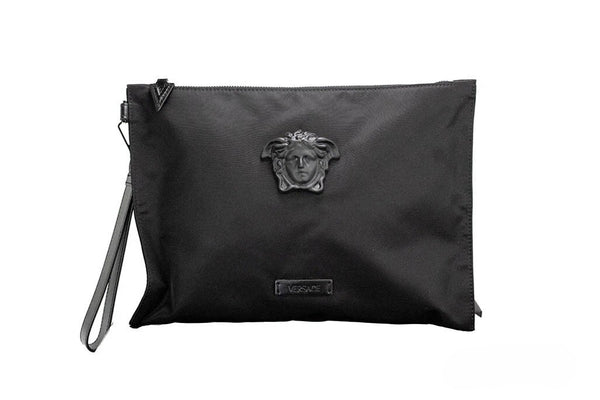 Versace - Large Black Nylon Fabric Medusa Convertible Pouch Clutch Wristlet Bag