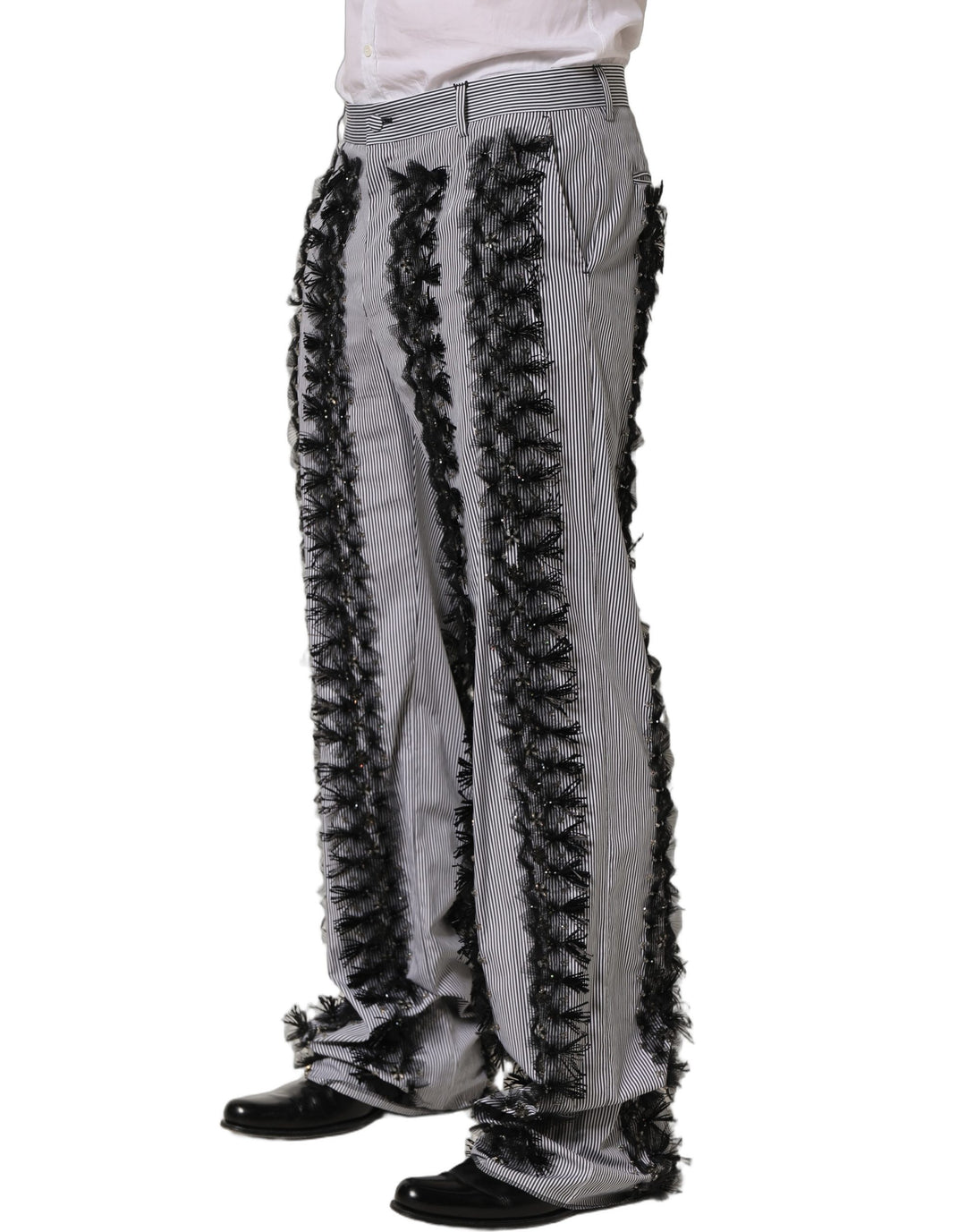 Dolce &amp; Gabbana BlackGray Pinstripe Embellished Trouser Pants
