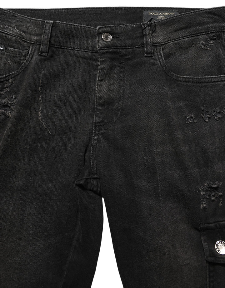 Dolce &amp; Gabbana Black Distressed Cargo Cotton Men Denim Jeans