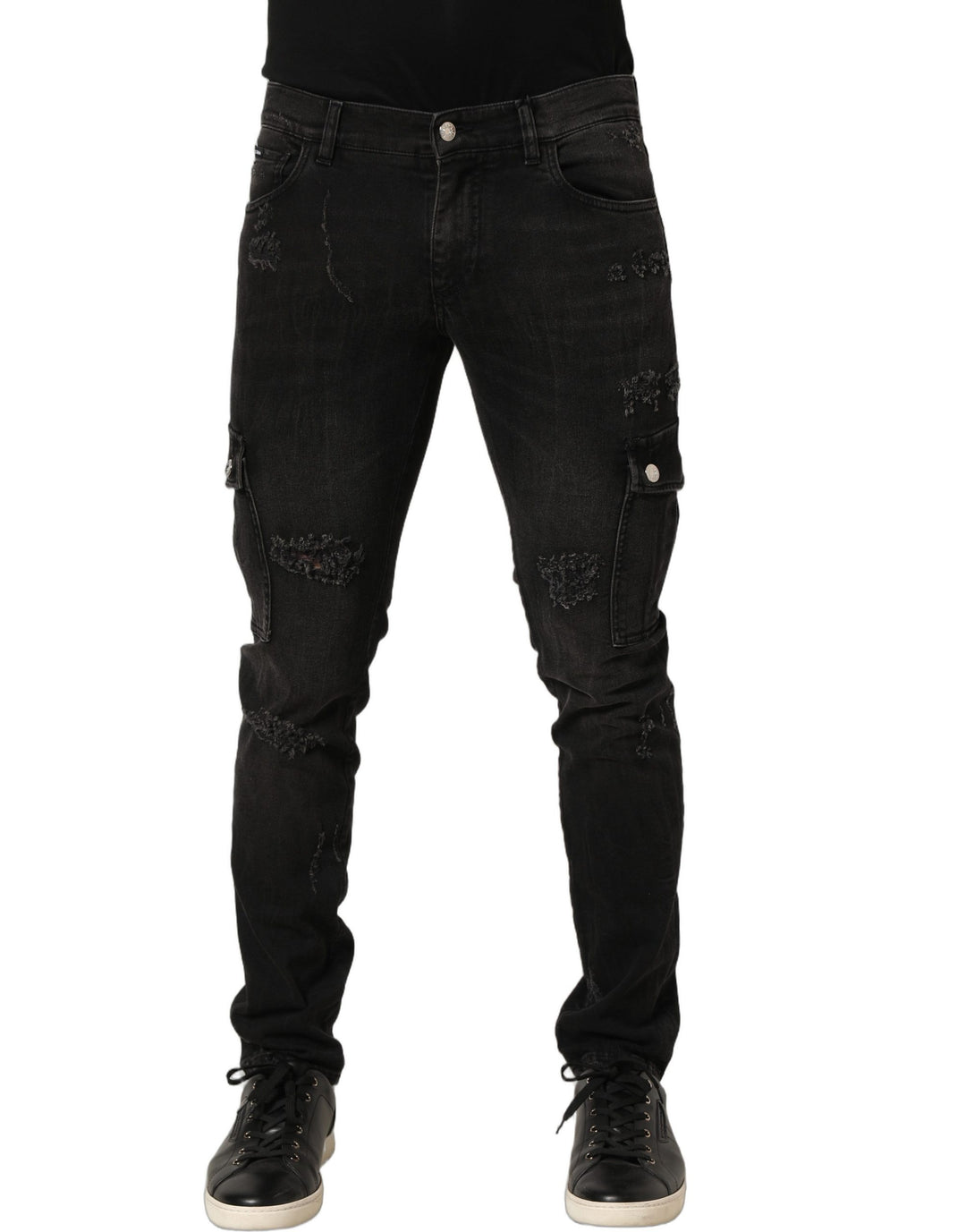 Dolce &amp; Gabbana Black Distressed Cargo Cotton Men Denim Jeans