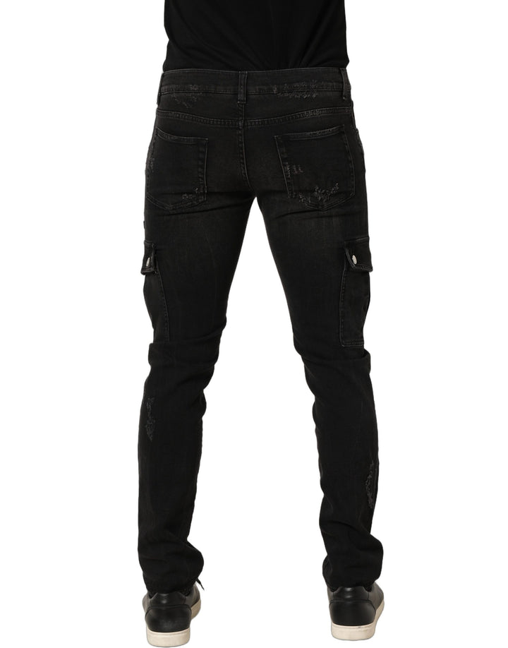 Dolce &amp; Gabbana Black Distressed Cargo Cotton Men Denim Jeans