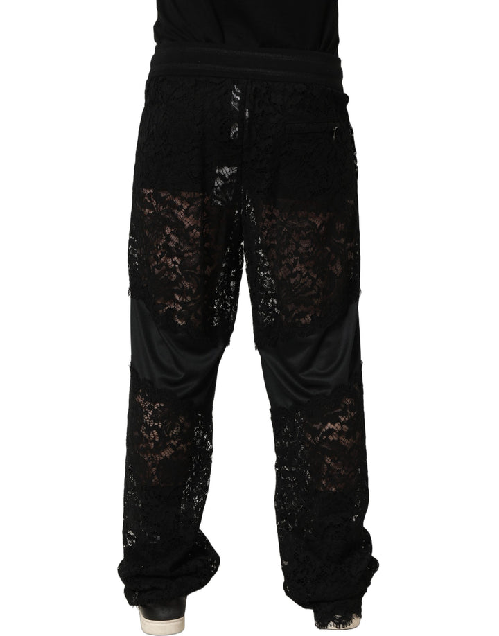 Dolce &amp; Gabbana Black Lace Mid Waist Jogger Men Trouser Pants