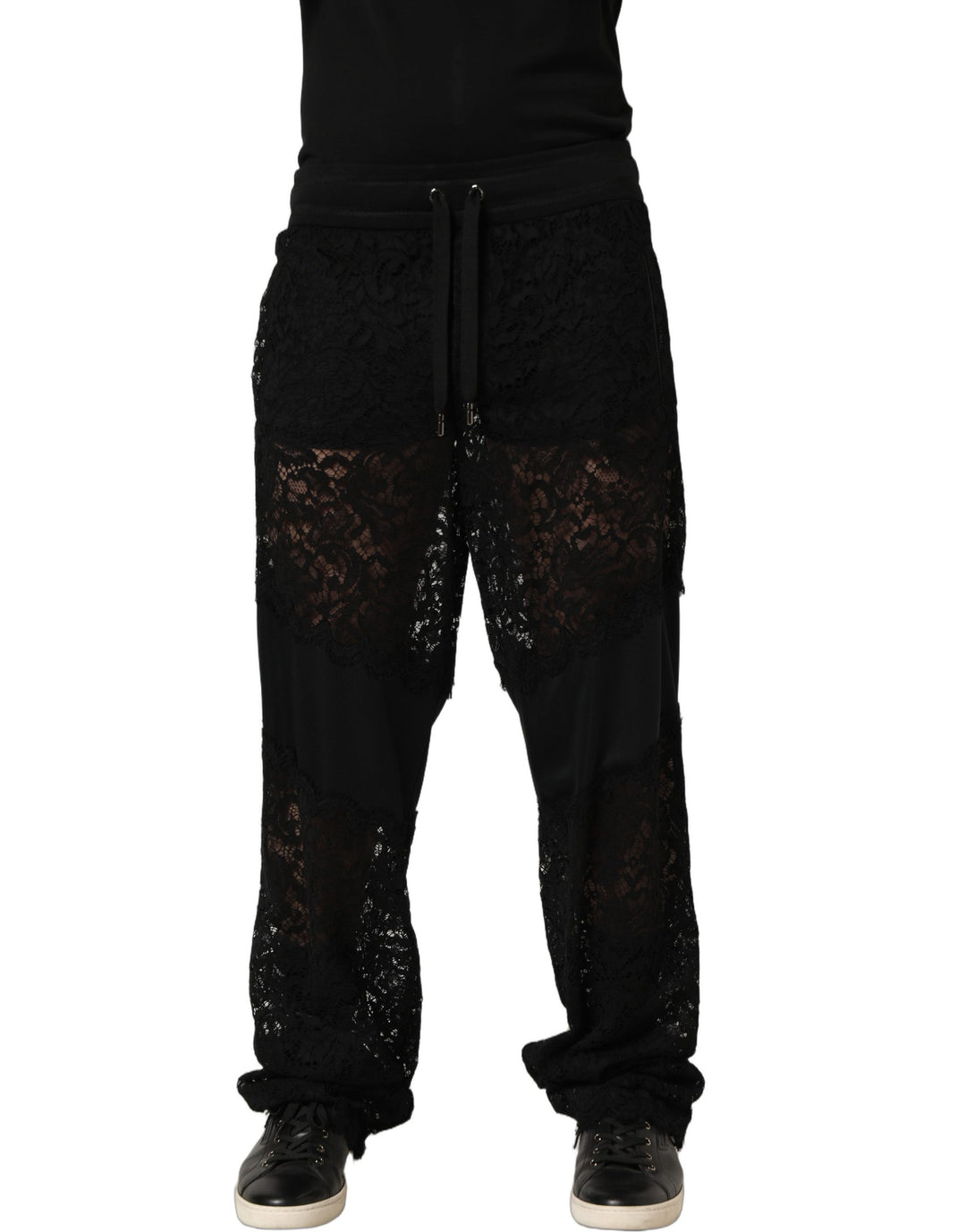 Dolce &amp; Gabbana Black Lace Mid Waist Jogger Men Trouser Pants