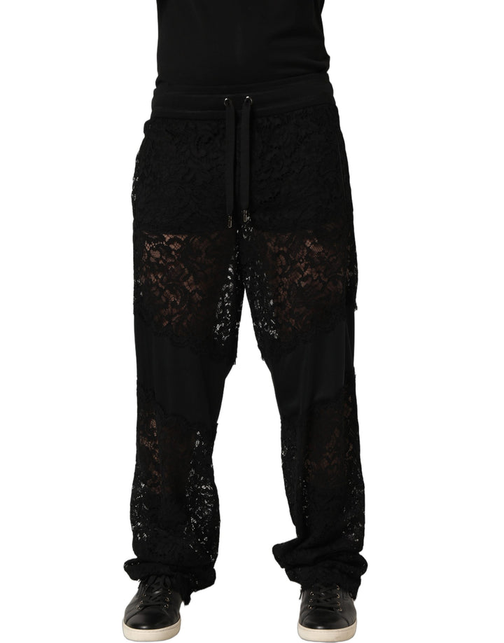 Dolce &amp; Gabbana Black Lace Mid Waist Jogger Men Trouser Pants