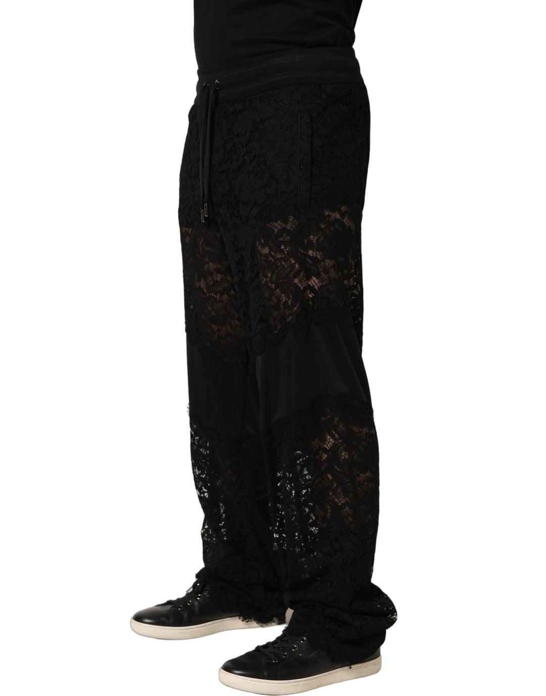 Dolce &amp; Gabbana Black Lace Mid Waist Jogger Men Trouser Pants