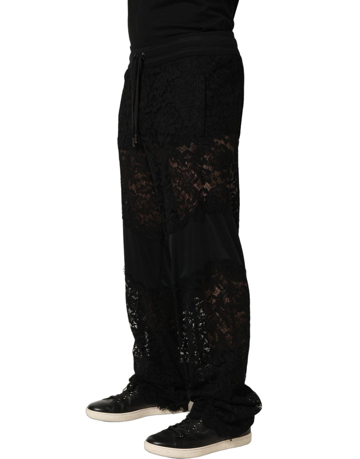 Dolce &amp; Gabbana Black Lace Mid Waist Jogger Men Trouser Pants