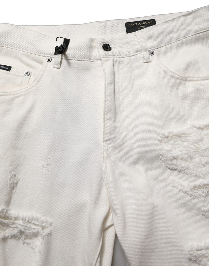 Dolce &amp; Gabbana White Cotton Distressed Straight Denim Jeans