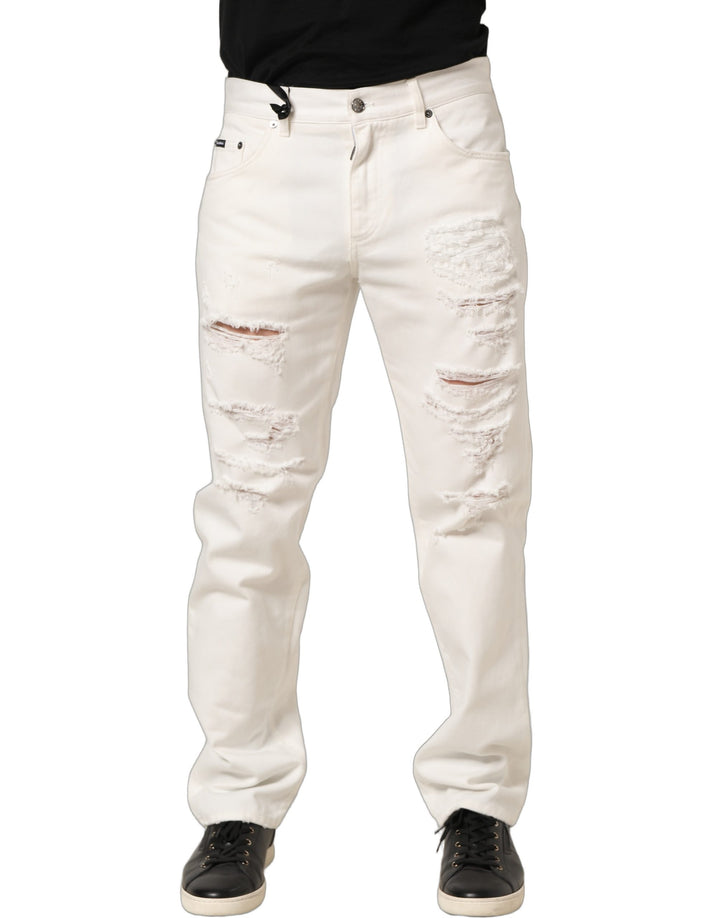 Dolce &amp; Gabbana White Cotton Distressed Straight Denim Jeans