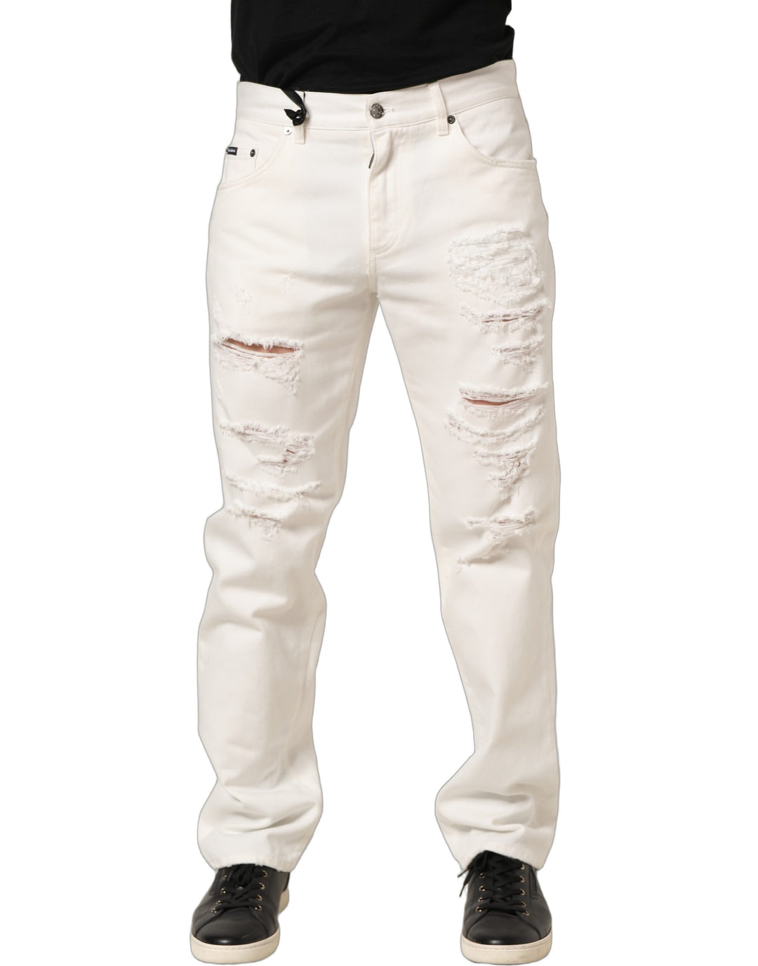 Dolce &amp; Gabbana White Cotton Distressed Straight Denim Jeans