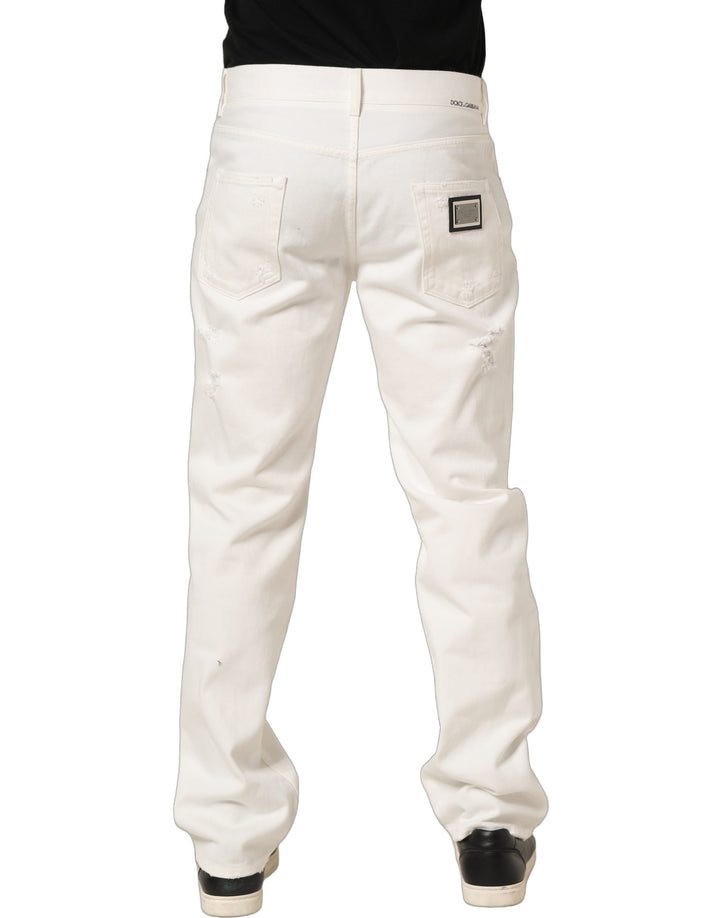 Dolce &amp; Gabbana White Cotton Distressed Straight Denim Jeans