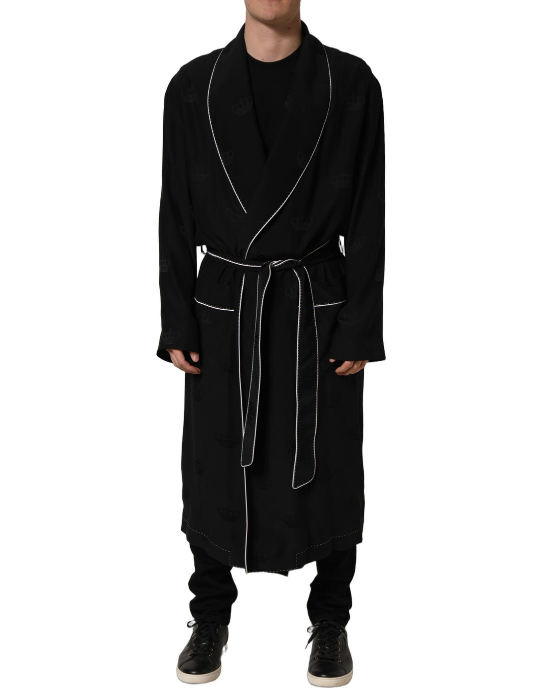 Dolce &amp; Gabbana Black 100% Silk Robe Men Wrap Coat Jacket