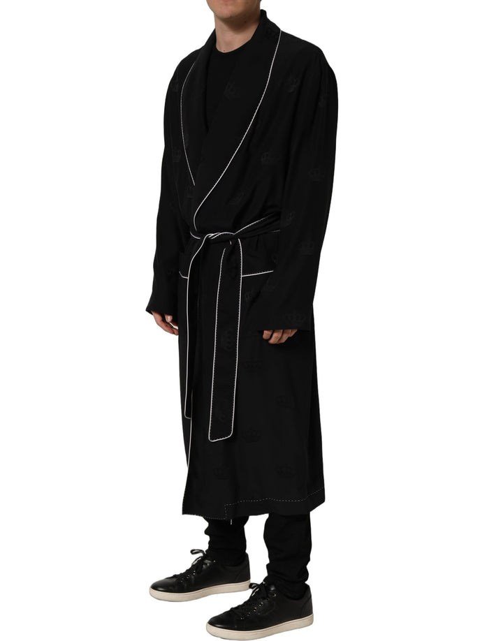 Dolce &amp; Gabbana Black 100% Silk Robe Men Wrap Coat Jacket
