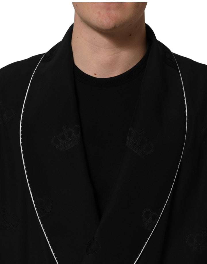 Dolce &amp; Gabbana Black 100% Silk Robe Men Wrap Coat Jacket