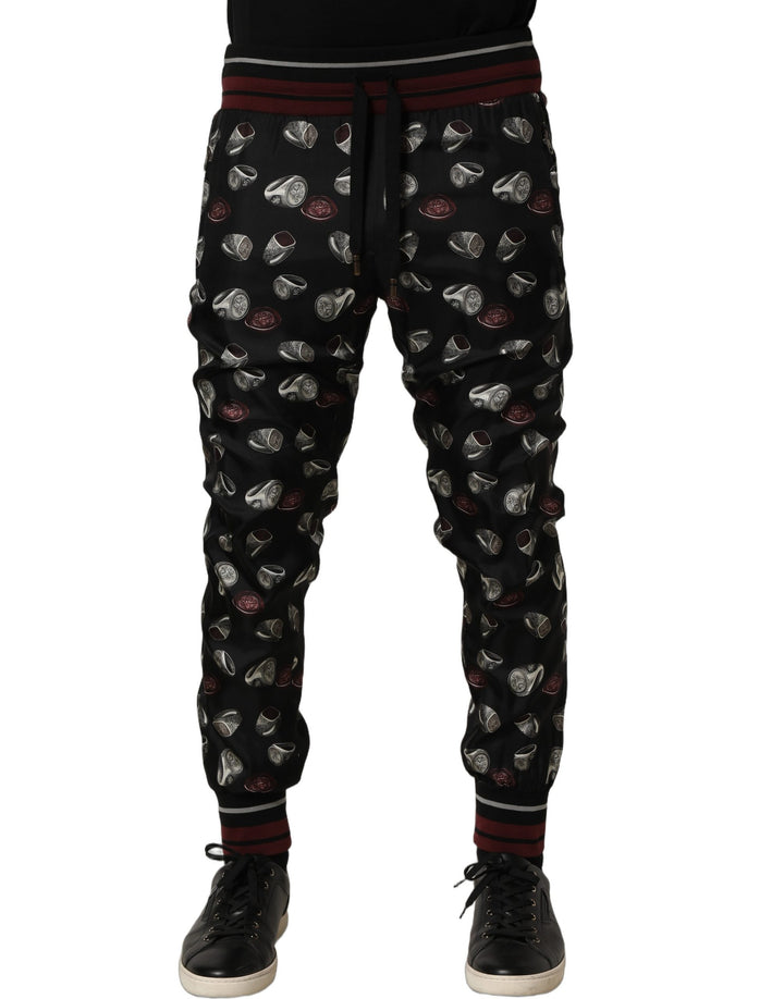 Dolce &amp; Gabbana Pants Black Ring Print Silk Jogging Trousers