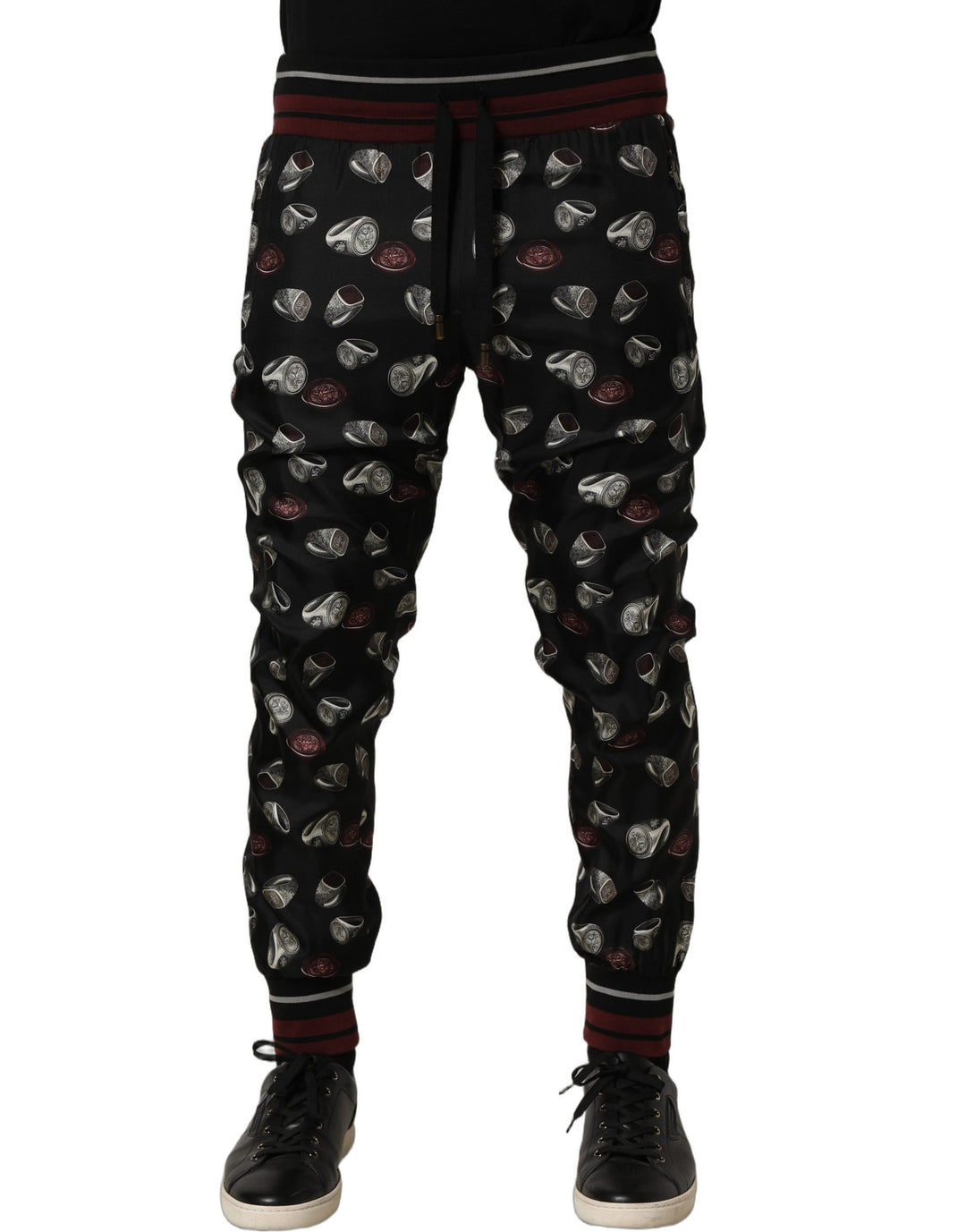 Dolce &amp; Gabbana Pants Black Ring Print Silk Jogging Trousers