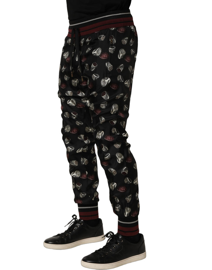 Dolce &amp; Gabbana Pants Black Ring Print Silk Jogging Trousers