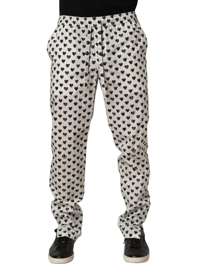 Dolce &amp; Gabbana White Graphic Heart Print Men Trousers Pants