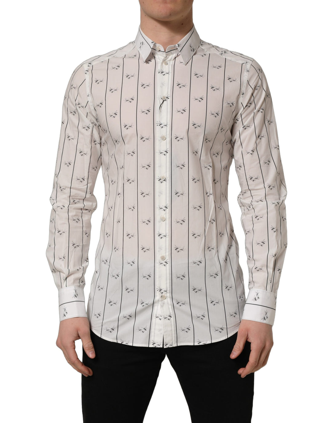 Dolce &amp; Gabbana White Bee Print Cotton GOLD Fit Dress Shirt