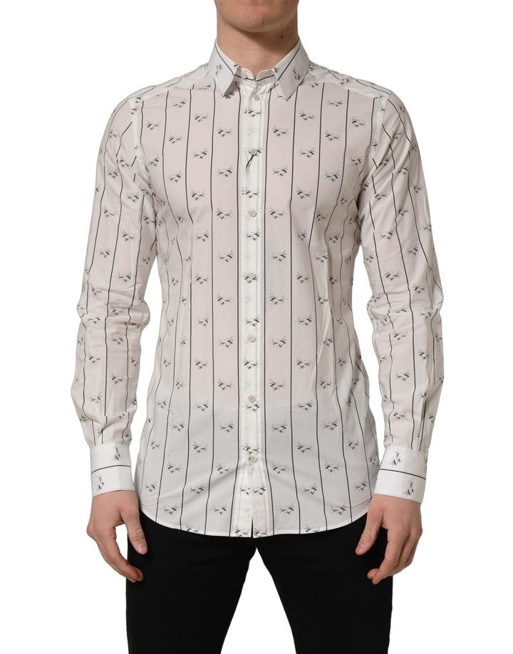 Dolce &amp; Gabbana White Bee Print Cotton GOLD Fit Dress Shirt