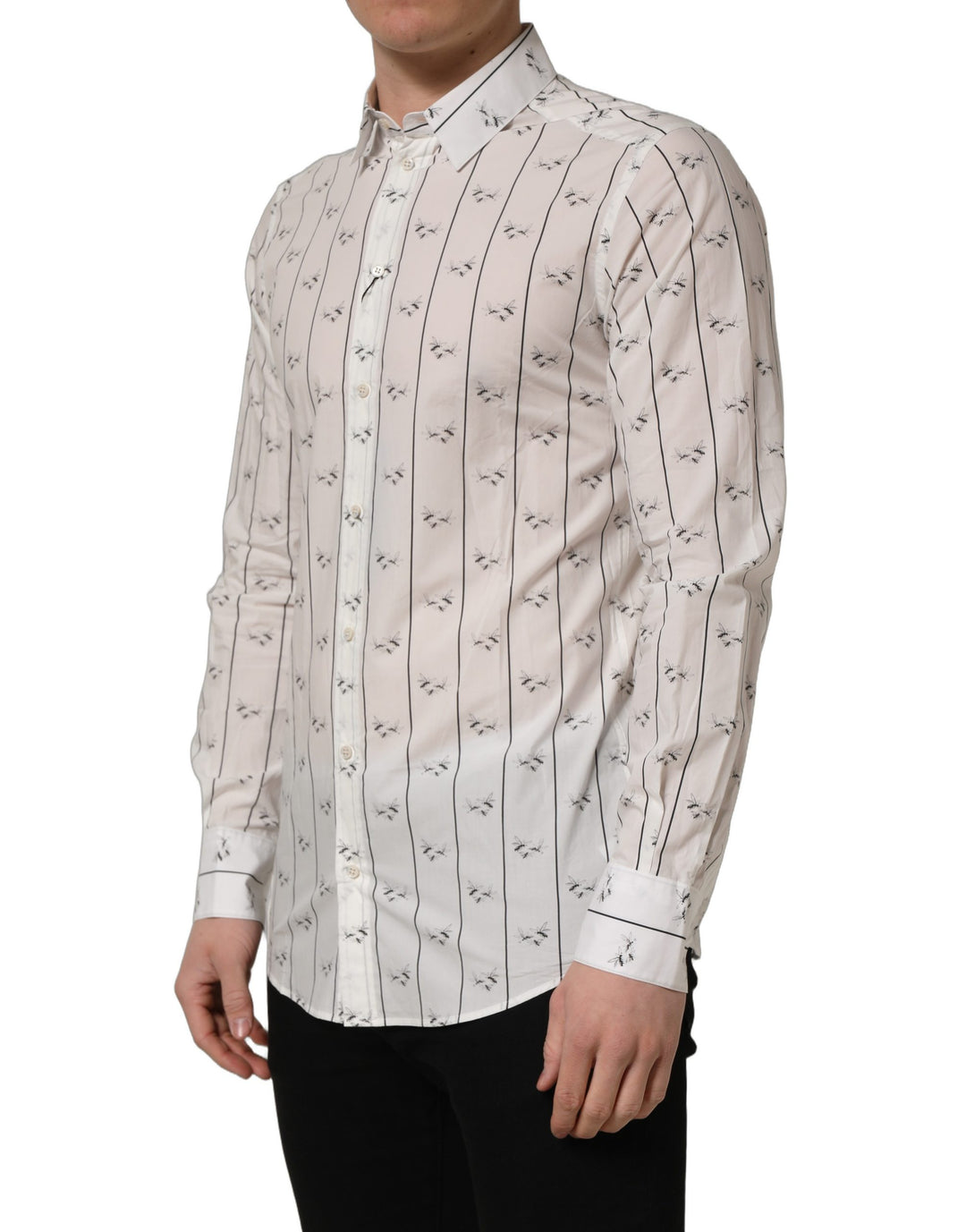 Dolce &amp; Gabbana White Bee Print Cotton GOLD Fit Dress Shirt