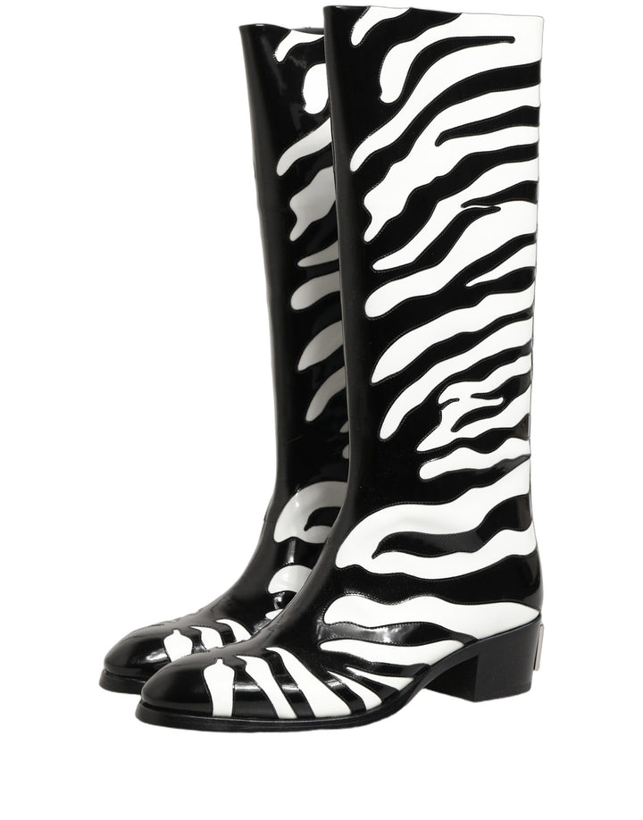 Dolce &amp; Gabbana Black White Zebra Knee High Men Boots Shoes