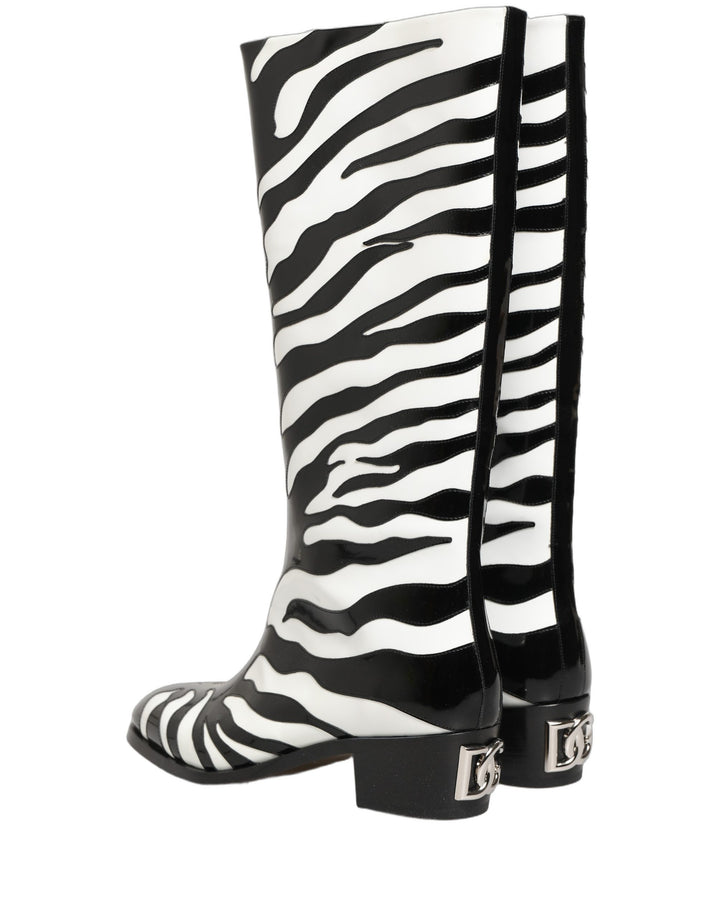 Dolce &amp; Gabbana Black White Zebra Knee High Men Boots Shoes