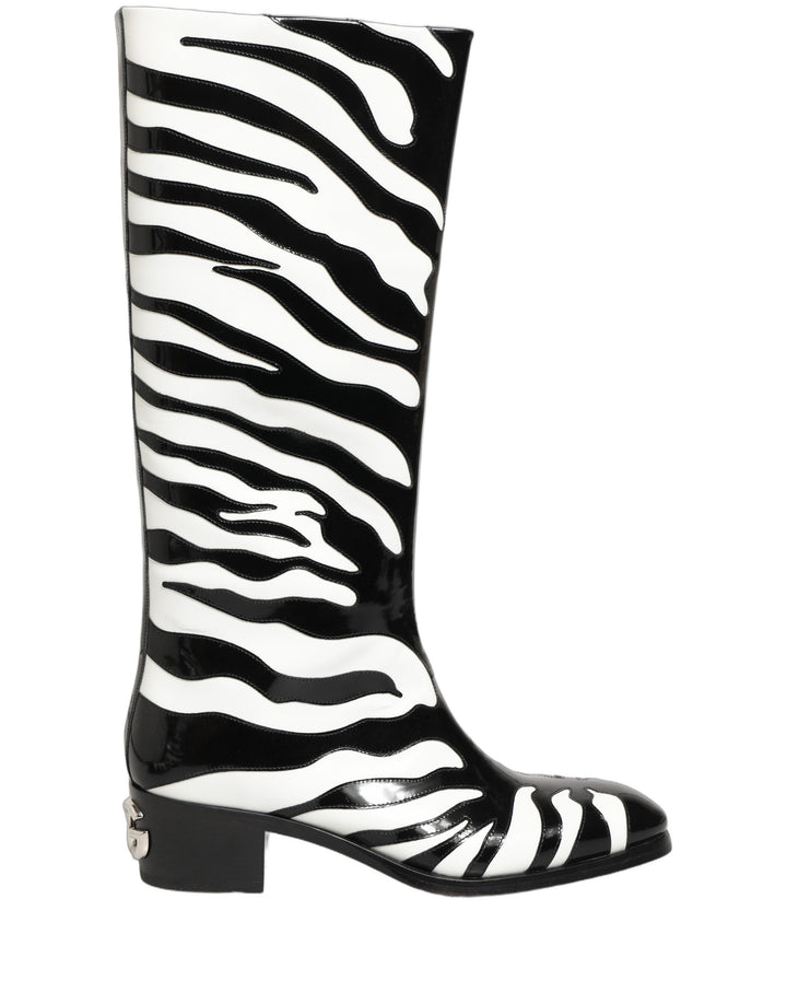 Dolce &amp; Gabbana Black White Zebra Knee High Men Boots Shoes