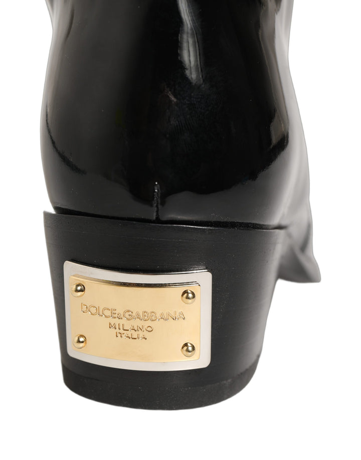 Dolce &amp; Gabbana Black Leather Knee High Heels Boots Shoes