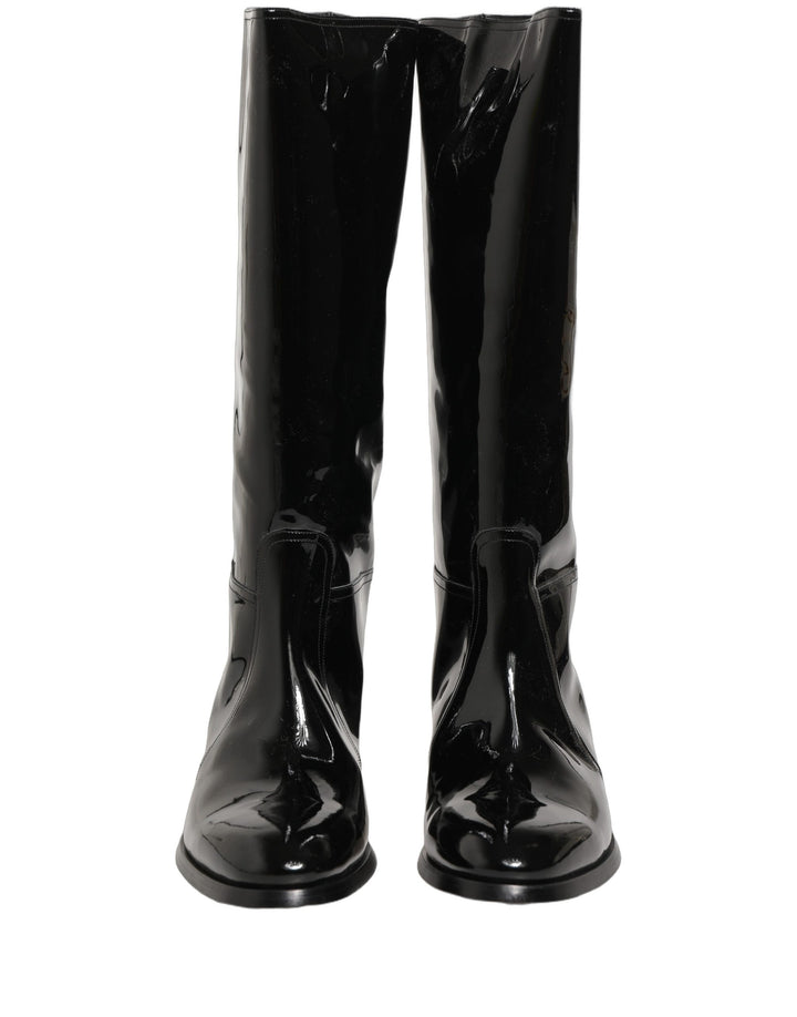 Dolce &amp; Gabbana Black Leather Knee High Heels Boots Shoes