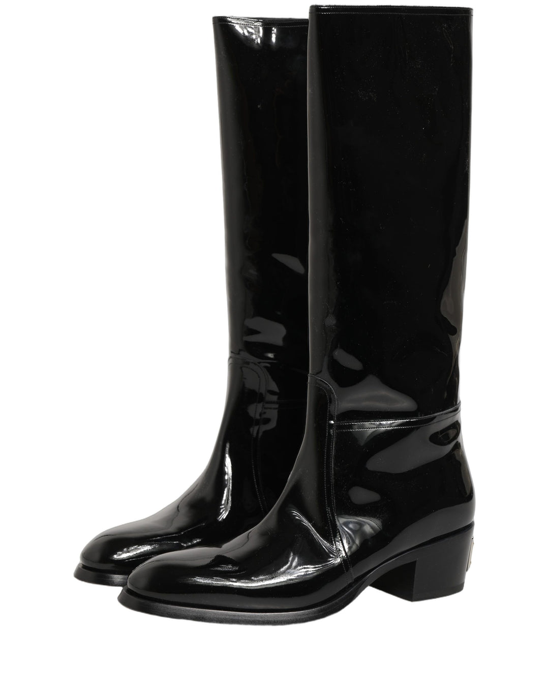 Dolce &amp; Gabbana Black Leather Knee High Heels Boots Shoes
