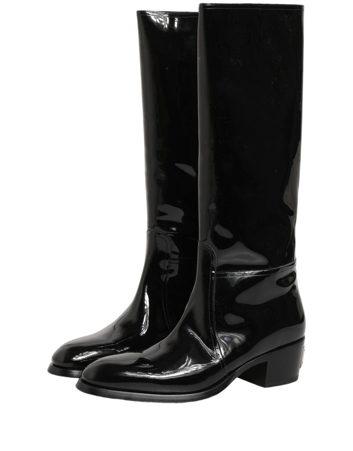 Dolce &amp; Gabbana Black Leather Knee High Heels Boots Shoes