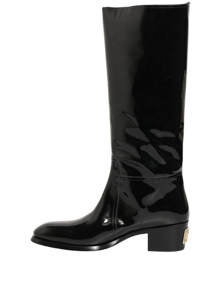 Dolce &amp; Gabbana Black Leather Knee High Heels Boots Shoes