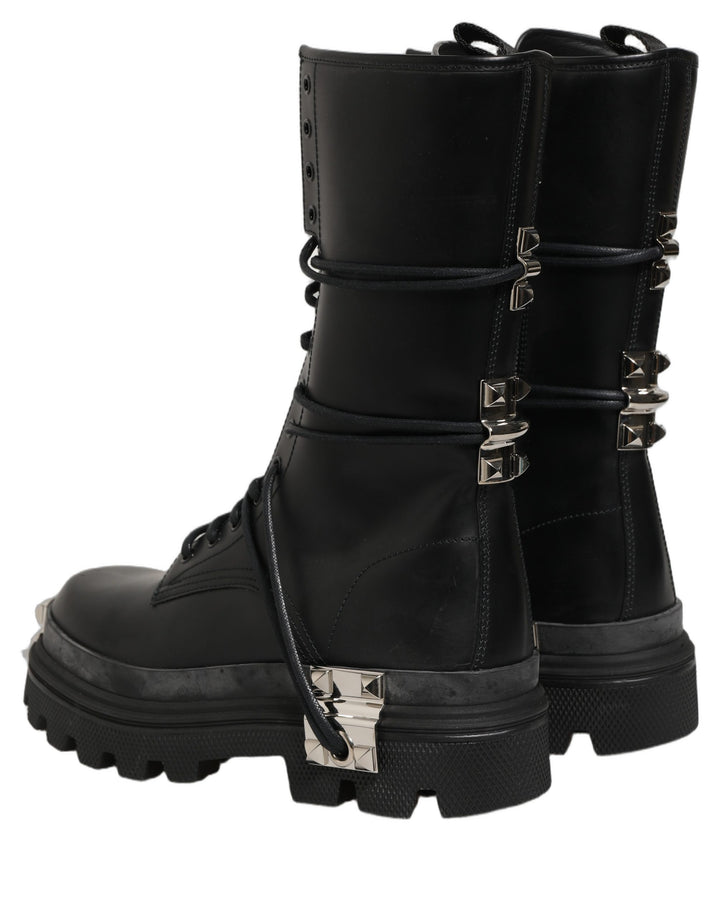 Dolce &amp; Gabbana Black Stud Platform Combat High Boots Shoes